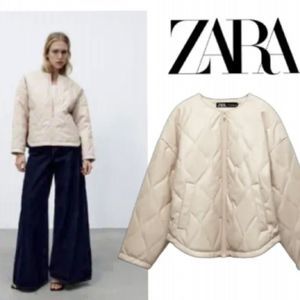 Zara Off White Crème Beige Faux Leather Quilted Puffer Jacket size XL and XXL